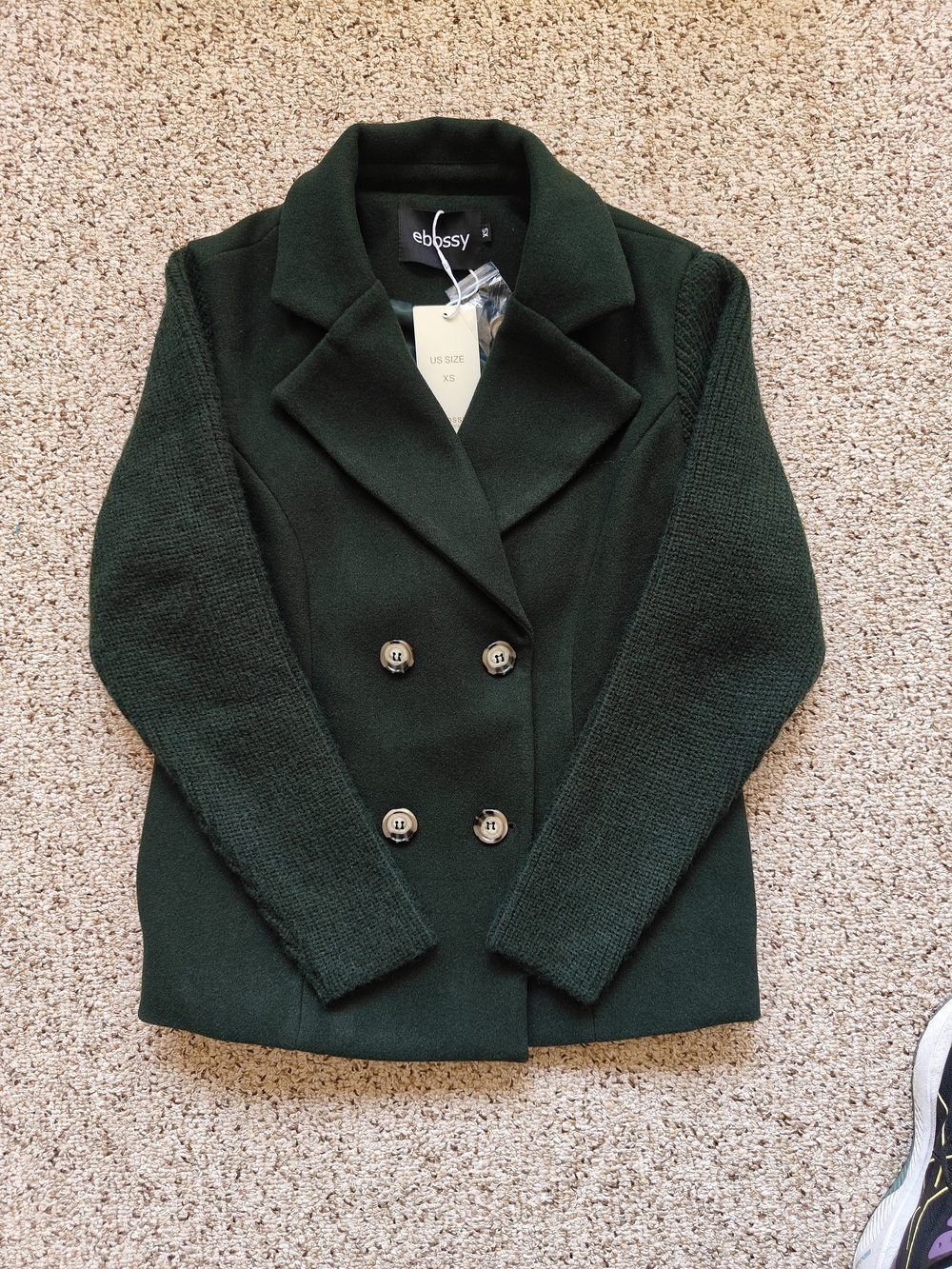 Ebossy Women's Dark Green Double-Breasted Blazer with Knit Sleeves